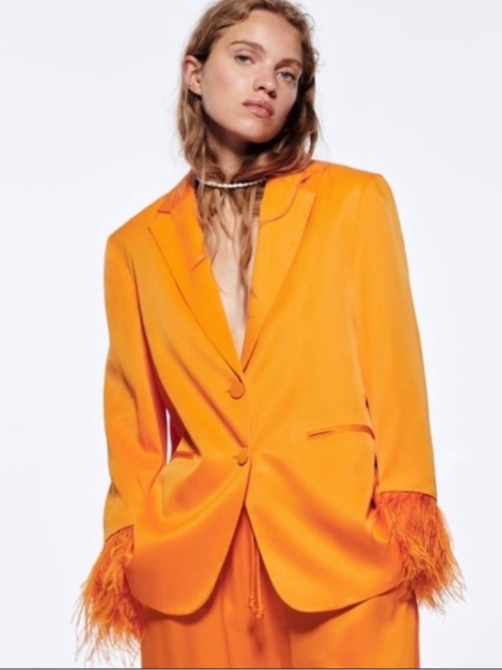 Viral Blogger Zara Limited Edition Orange Blazer with Feather Cuffs XS